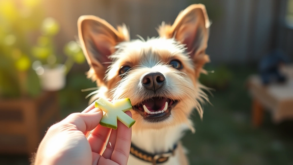 Small Terrier enjoying chopped rocket as treat from hand, bright daylight, healthy dog snacking, fresh green pieces visible