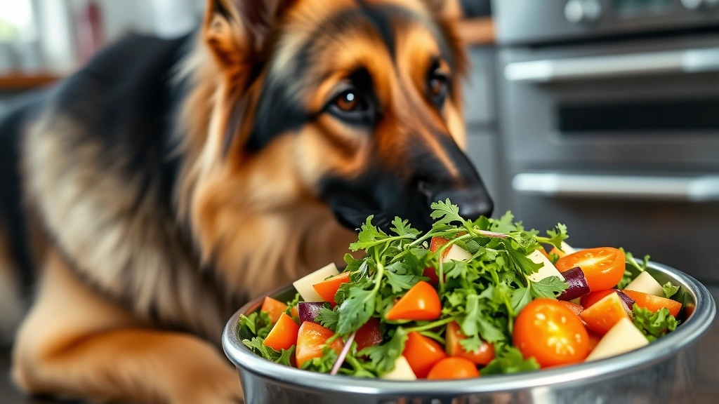 Large German Shepherd with bowl of mixed vegetables including arugula, stainless steel bowl, dog looking at food, kitchen background
