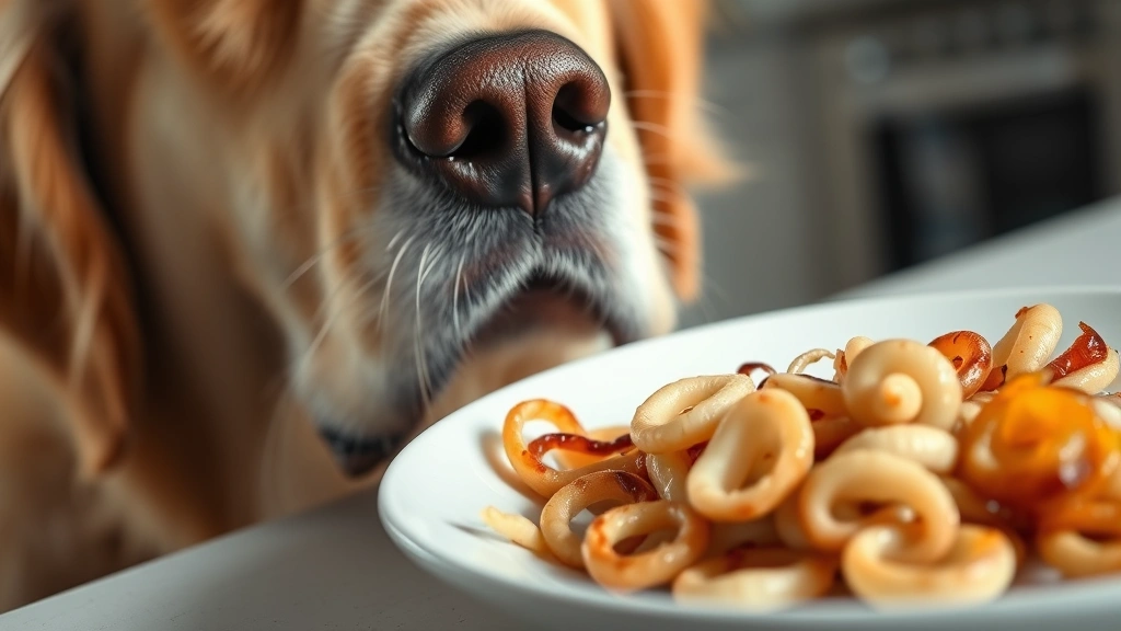Close-up of a golden retriever's face looking at a plate of cooked squid pieces on white ceramic dish, natural kitchen lighting, dog's curious expression