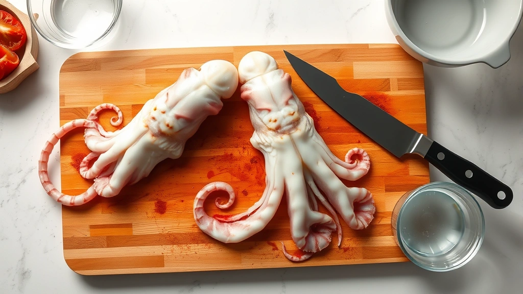 Overhead view of fresh squid being prepared on a wooden cutting board with knife, water bowl nearby, clean kitchen counter background