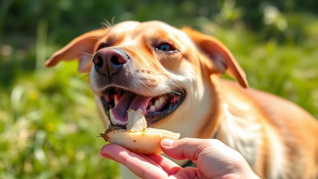 Happy medium-sized dog eating small piece of cooked squid from owner's hand outdoors, sunny day, dog's satisfied expression, green grass background