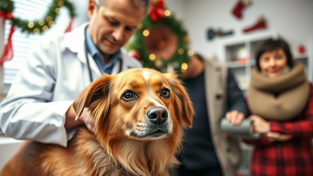 Veterinarian examining a medium-sized brown dog during holiday season, clinical setting, stethoscope visible, professional medical environment, concerned pet owner in background