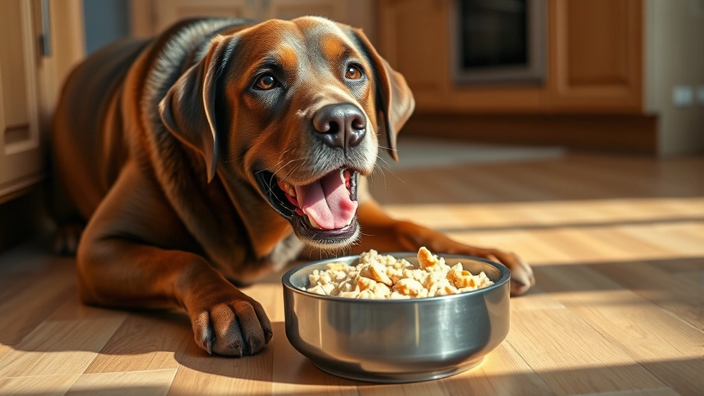 Happy Labrador eating safe dog treat from bowl on kitchen floor, homemade plain chicken and rice mixture, bright natural daylight, dog's joyful expression