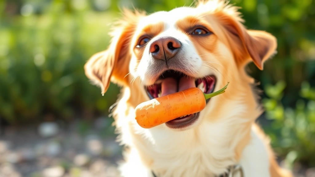Happy healthy dog eating a fresh carrot treat outdoors, bright sunlight, dog smiling, safe alternative snack, natural background