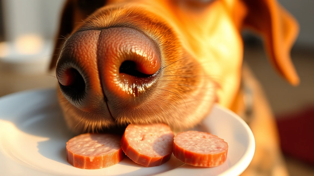 Close-up of sliced plain turkey sausage link on a white plate next to a dog's nose, golden hour lighting, curious dog expression