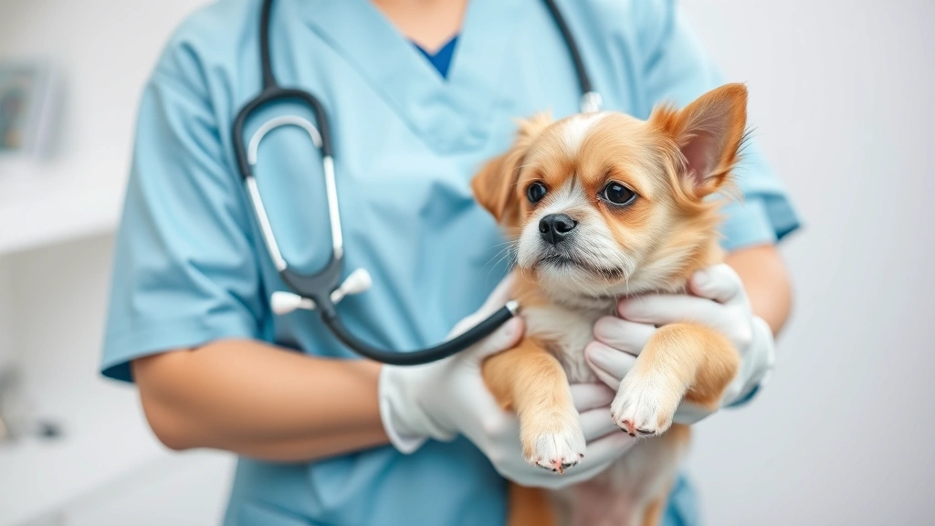 Veterinarian holding a small dog during a health checkup with stethoscope, professional clinic setting, reassuring interaction between vet and pet