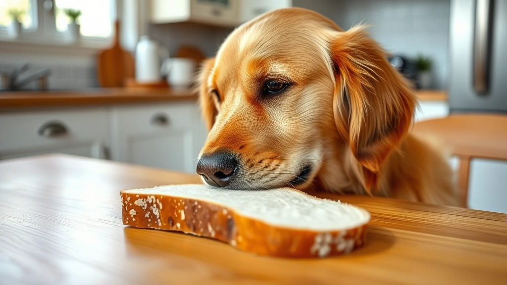 Golden Retriever sniffing a slice of white bread on a wooden table, curious expression, natural kitchen lighting, shallow depth of field