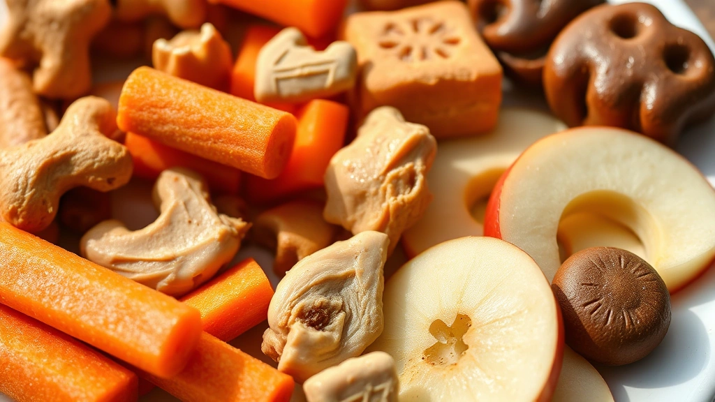 Close-up of various dog treats and healthy snacks arranged on a plate including carrots, chicken, and apple slices, appetizing presentation, bright daylight