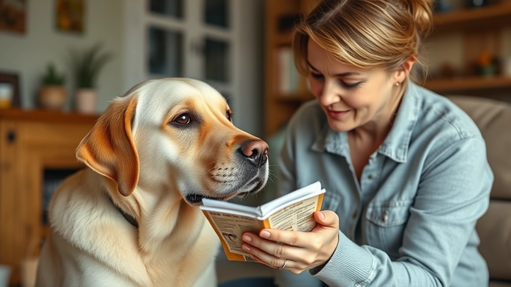 Concerned dog owner reading bread ingredient label carefully, holding package near their Labrador, indoor home setting, focused expression