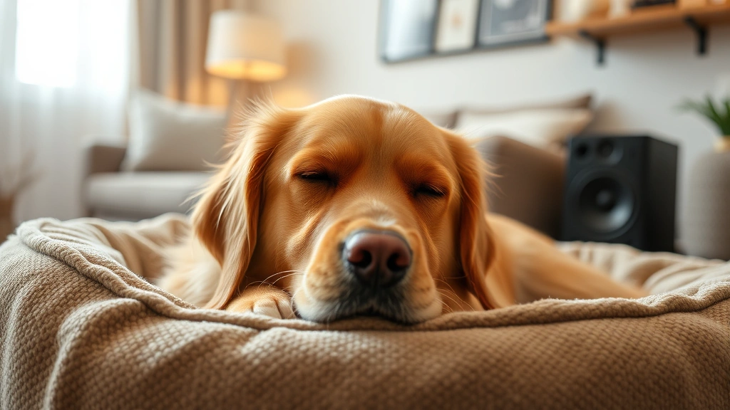 Golden retriever relaxing on plush dog bed with closed eyes, peaceful expression, soft lighting in cozy living room with speaker in background