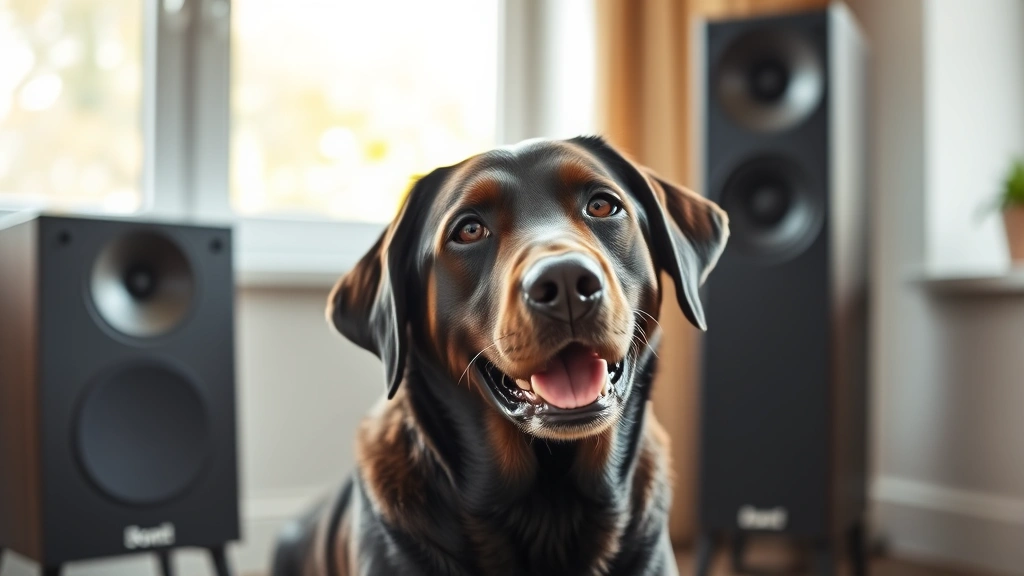 Happy Labrador with perked-up ears, sitting attentively in front of a modern speaker, bright natural daylight through window, calm expression
