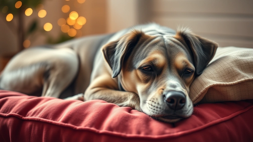 Senior dog resting peacefully on cushion with gentle smile, soft warm tones, music notes subtle in environment, very serene atmosphere
