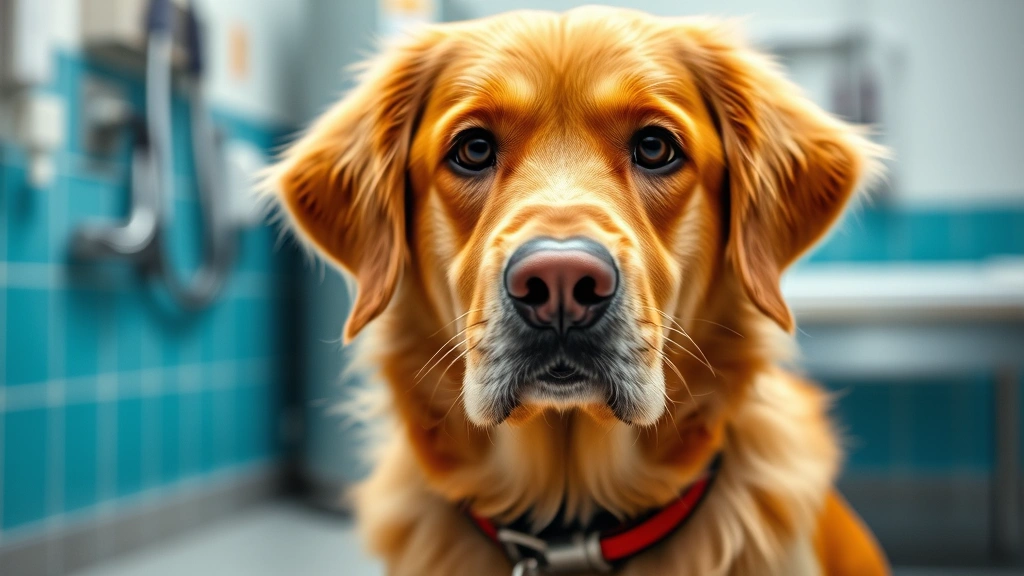 Close-up of female golden retriever sitting at veterinary clinic, wearing medical collar, looking at camera with concerned expression, bright clinical background