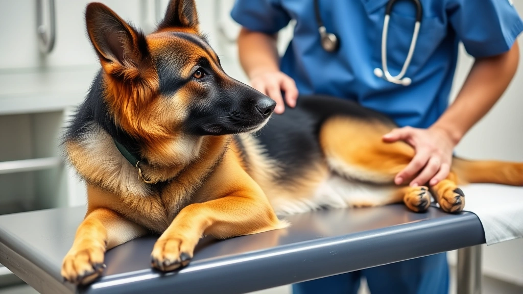 Male German Shepherd dog lying on examination table while veterinarian performs genital health inspection with stethoscope visible, professional vet clinic setting with soft lighting