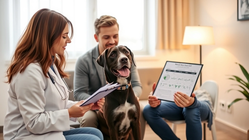 Female veterinarian in white coat talking with young couple while pointing at dog reproductive health chart on clipboard, dog sitting between owners in consultation room with warm lighting