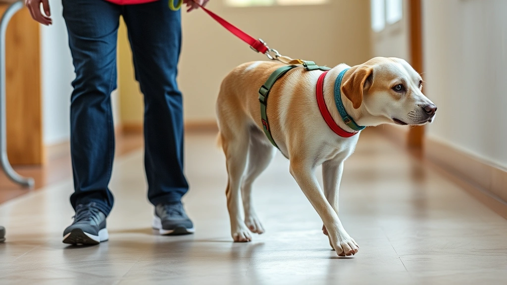 Senior dog carefully walking on non-slip surface indoors, appearing unsteady, with supportive owner nearby and safety equipment visible