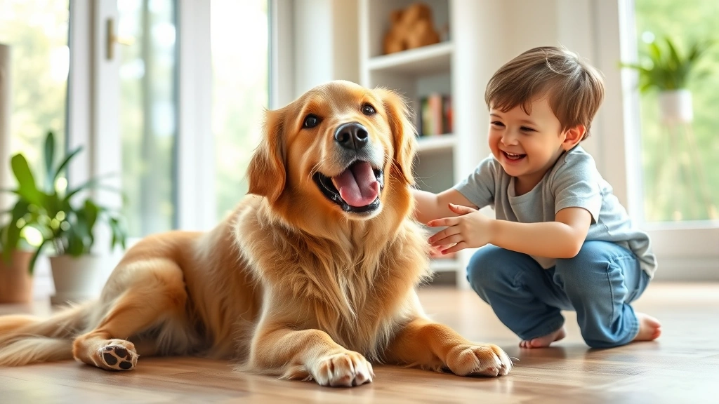 Golden retriever playing happily with young child indoors, both appearing healthy and content, natural home setting with bright natural lighting