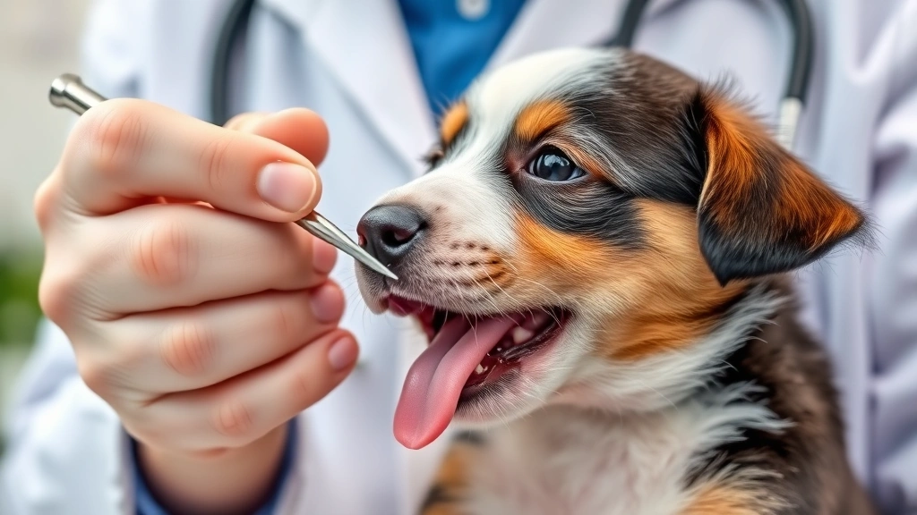 Close-up of veterinarian examining small puppy's mouth and throat with tongue depressor, clinical veterinary examination setting, professional vet in white coat