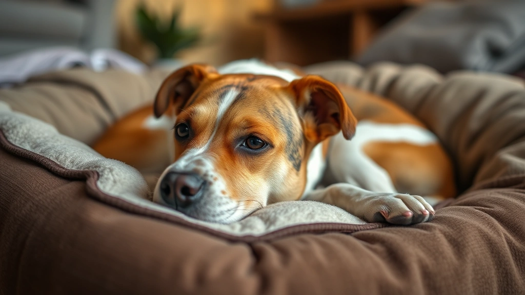 Adult dog resting comfortably on cushioned bed, appearing alert but calm, warm home environment with soft lighting suggesting recovery from minor illness