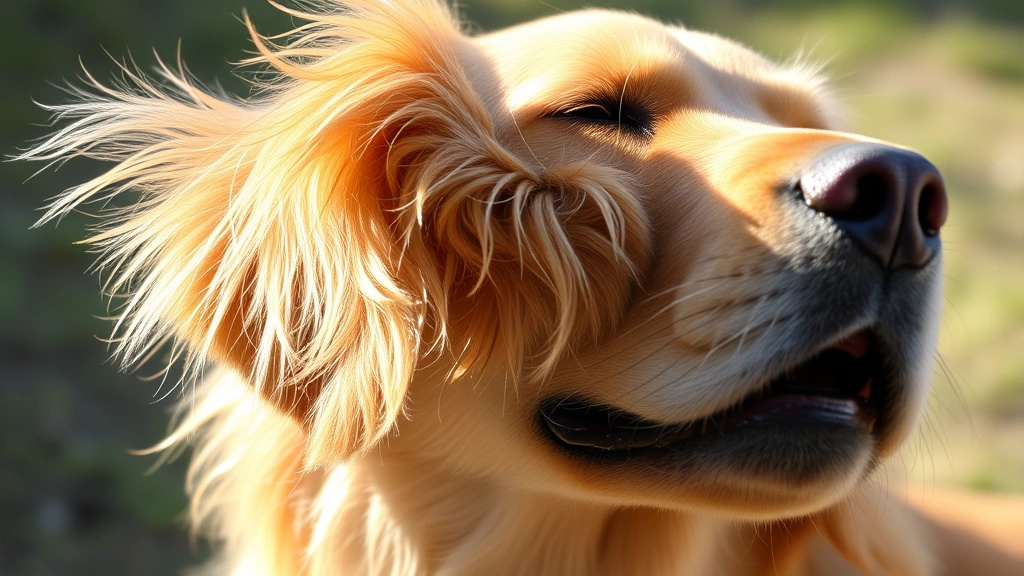 Golden retriever scratching behind ear, close-up of itchy skin and fur, natural outdoor lighting, showing discomfort, realistic dog grooming concern