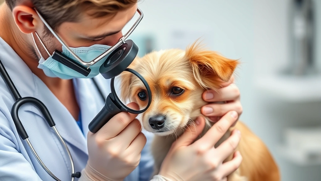 Veterinarian examining small dog's fur with magnifying glass, checking for parasites, clinical veterinary setting, professional healthcare scenario