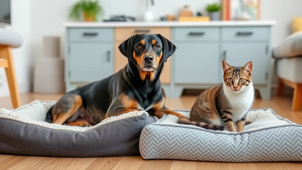 Multi-pet household with dog and cat on separate pet beds, clean home environment, emphasizing household parasite prevention and pet wellness management