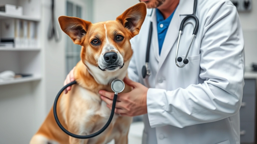 Veterinarian examining dog's chest with stethoscope in clinic, vet listening to canine lungs during checkup, professional medical examination