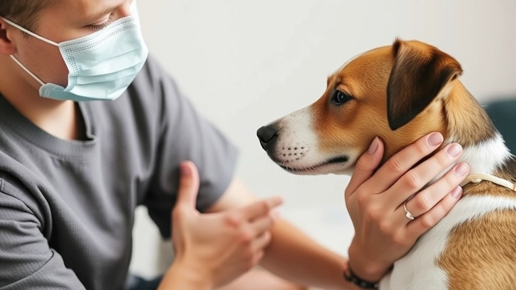 Dog owner petting dog while wearing face mask, safe interaction between person and pet, responsible pet care during illness