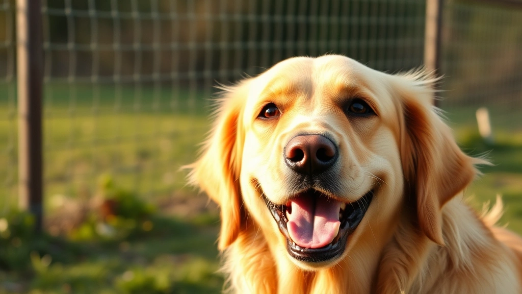Golden Retriever with open mouth mid-bark, outdoor setting with fence background, alert expression, morning sunlight, close-up of face