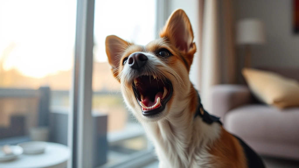 Small terrier barking intensely at window with blurred outdoor scenery, indoor living room setting, focused determined expression, natural window lighting