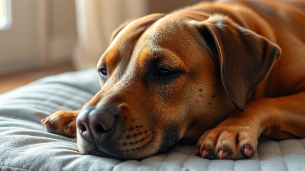 Tired brown dog lying down with tongue out, panting heavily, relaxed posture on dog bed, afternoon light, exhausted but calm expression