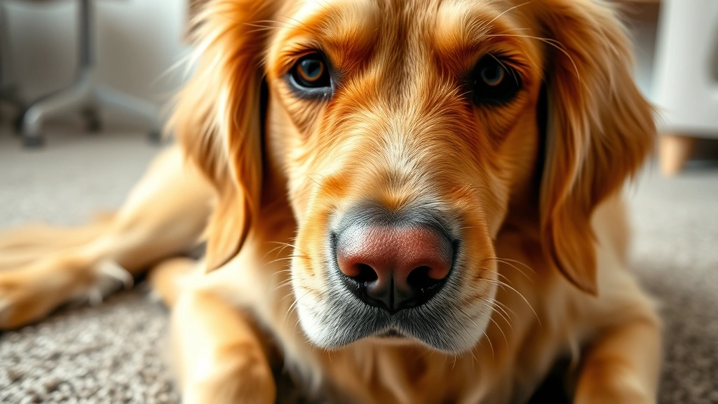Close-up of a female golden retriever's face showing discomfort, with focus on eyes and expression, sitting on soft carpet indoors, natural lighting, realistic veterinary context