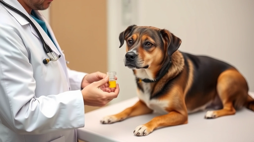 Veterinarian in white coat holding a urine sample collection container while examining a medium-sized dog on examination table, clinical setting, professional and reassuring atmosphere