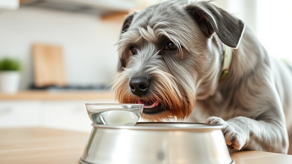 Senior gray-muzzled dog drinking water from a stainless steel bowl, showing hydration behavior, bright kitchen setting with natural window light, emphasizing wellness and prevention