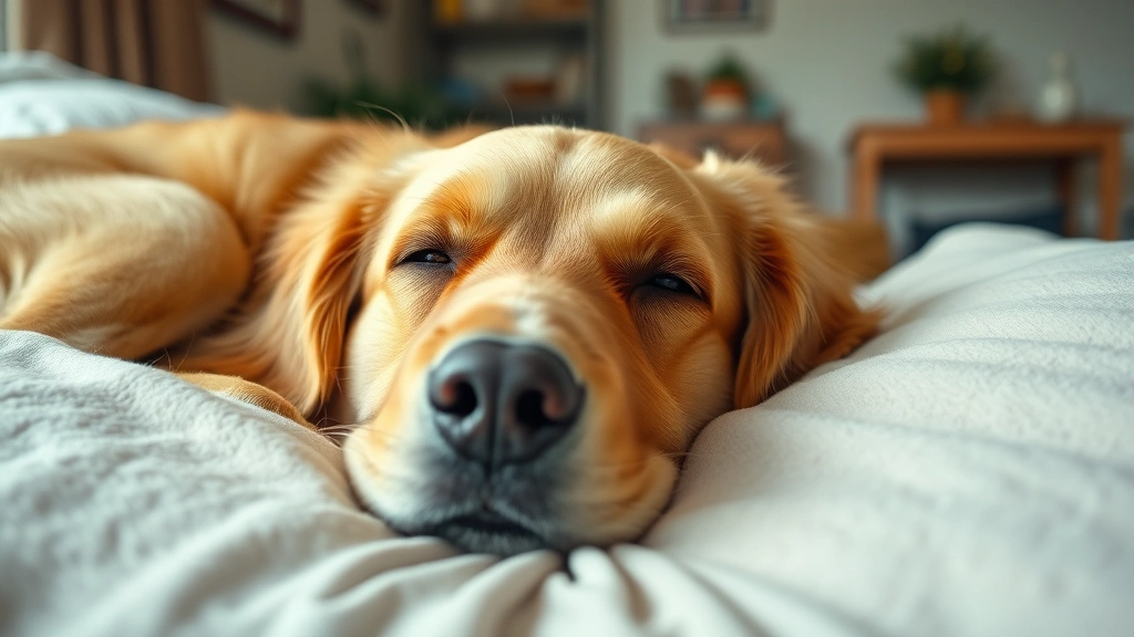Senior golden retriever female dog lying peacefully on soft bed, gray muzzle visible, calm expression, home interior background, warm natural lighting