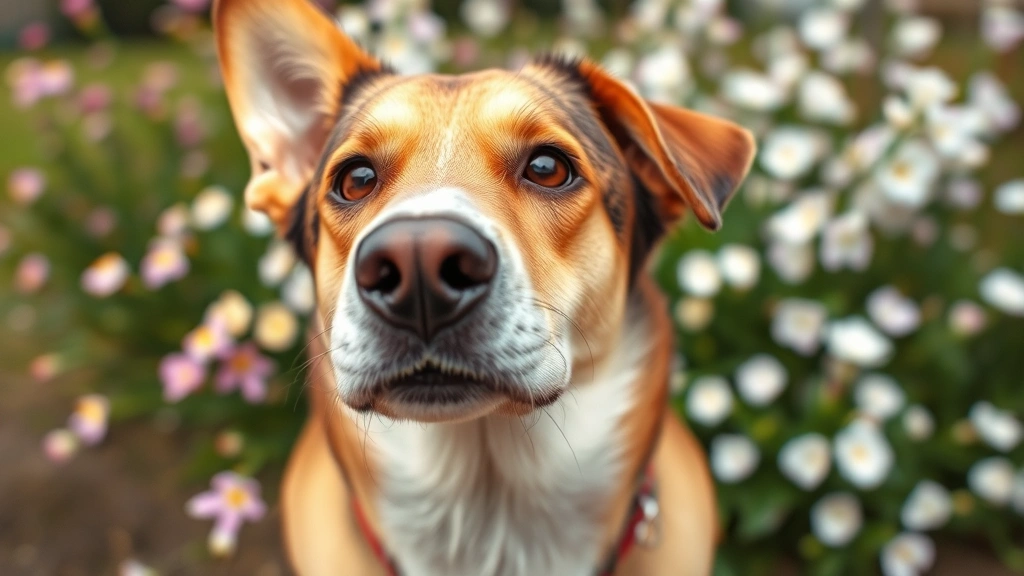 Close-up of female dog's face showing alert expression during spring season, flowers in background, healthy coat, bright eyes, outdoor setting