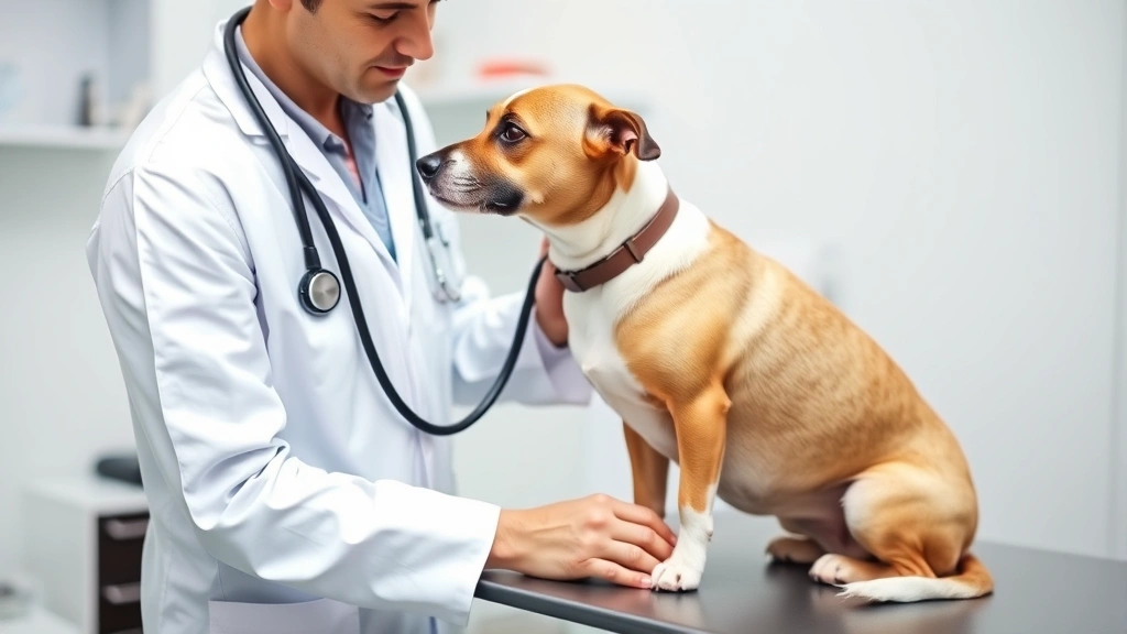 Veterinarian in white coat examining female dog on examination table with stethoscope, professional clinic setting, caring interaction between vet and dog