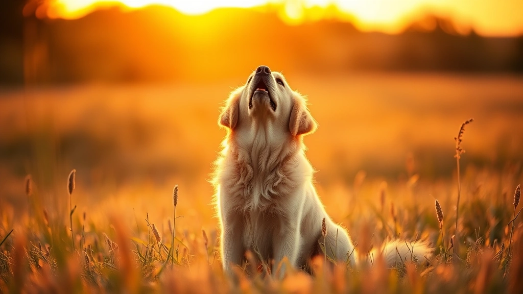 Golden retriever sitting peacefully in golden meadow at sunset, soft light creating halo effect, serene and spiritual atmosphere, dog looking upward thoughtfully