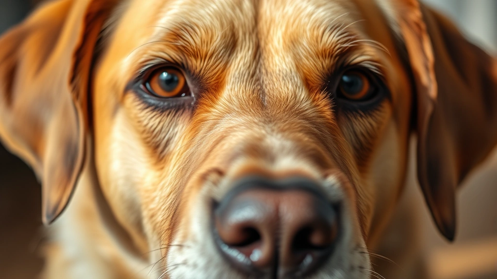 Close-up of senior dog's face showing gentle wisdom and deep soulful eyes, warm natural lighting highlighting emotional depth and consciousness in expression