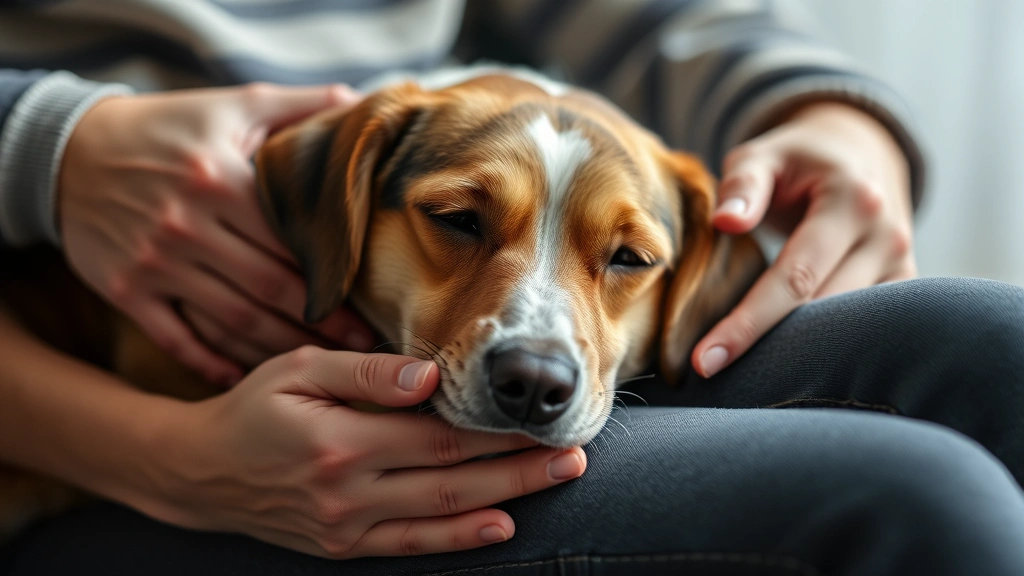 Dog resting peacefully on owner's lap during quiet moment, hands gently touching dog, showing profound emotional bond and connection between human and canine companion