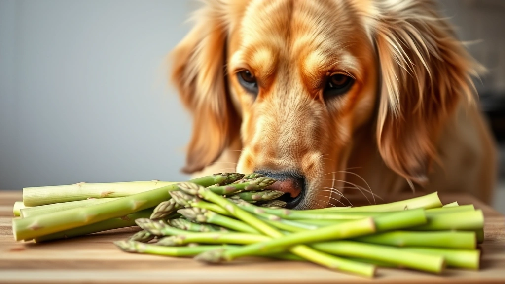 can dogs have asparagus - A golden retriever looking curious at a fresh bunch of green asparagus spears on