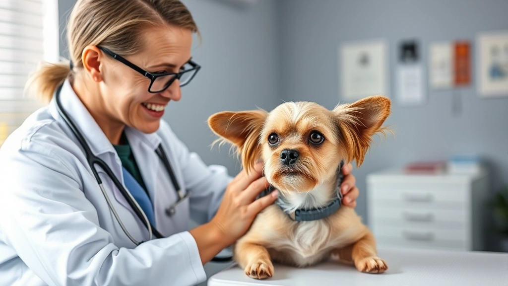 Veterinarian examining small dog on examination table with stethoscope, professional clinic setting, concerned but caring expression, natural daylight