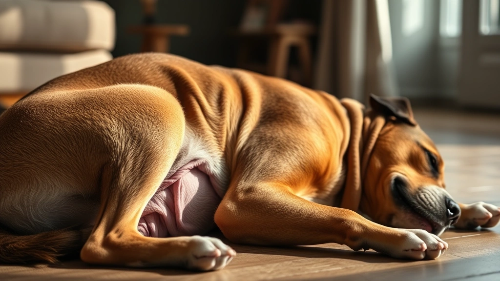 Dog lying down with slightly bloated abdomen, appearing uncomfortable, side view in soft home lighting, showing signs of digestive distress
