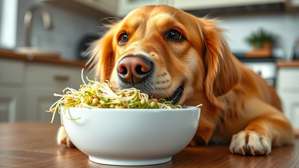 Golden retriever happily eating fresh raw bean sprouts from a white ceramic bowl, bright kitchen lighting, dog's face showing interest and contentment, shallow depth of field