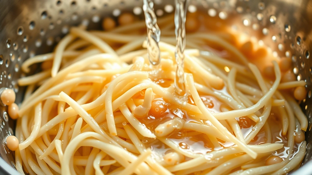 Close-up of rinsed bean sprouts in a colander under cool running water, water droplets visible, natural daylight streaming through window, clean and fresh appearance