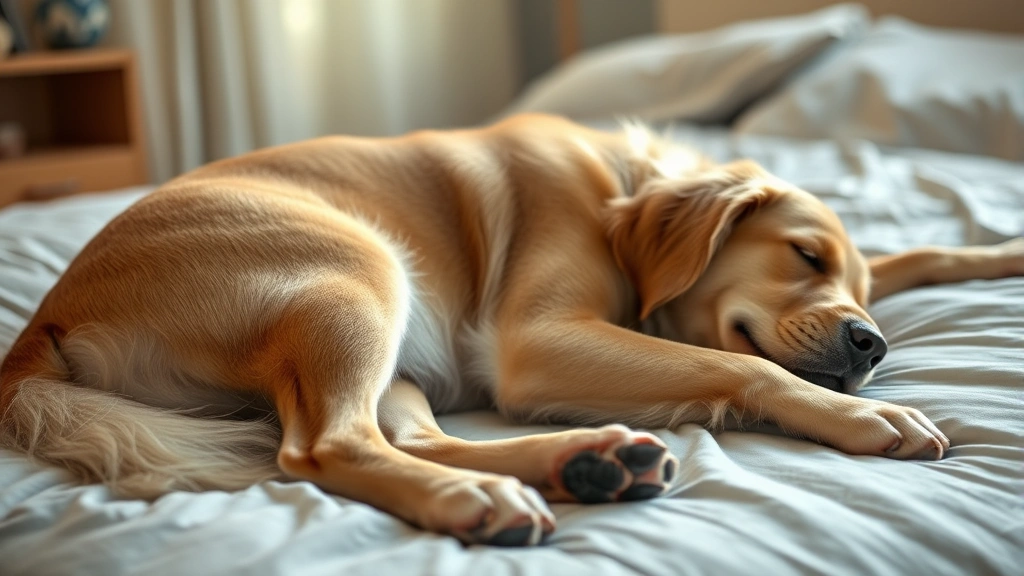 Golden retriever sleeping on bed with visible small red bite marks on belly and inner thighs, realistic indoor bedroom setting