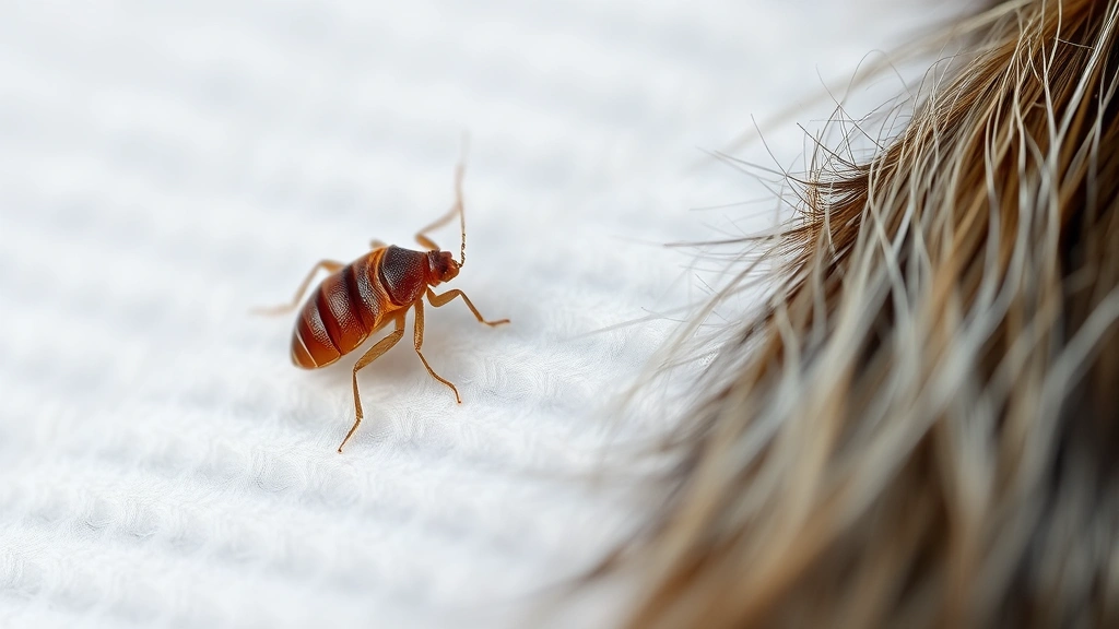 Close-up macro photograph of bed bug on white fabric next to dog fur, showing insect size comparison, realistic detail