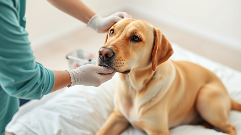 Labrador sitting on clean white bedding being inspected by veterinarian hands for bite marks, clinical examination setting