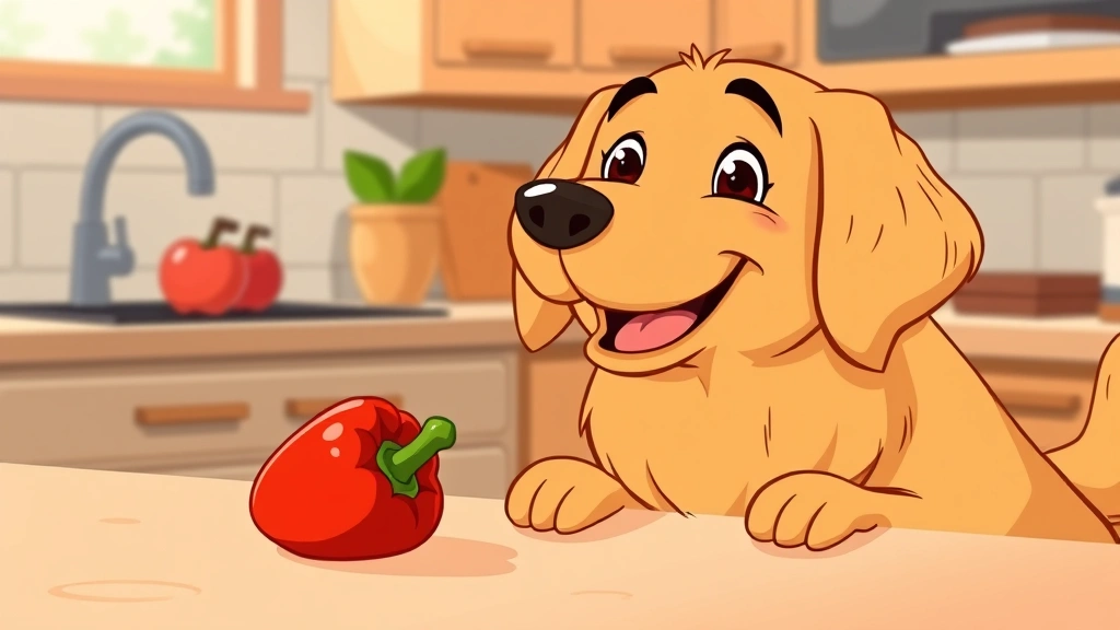 can dogs have bell peppers - A happy golden retriever looking eagerly at a fresh red bell pepper on a kitchen