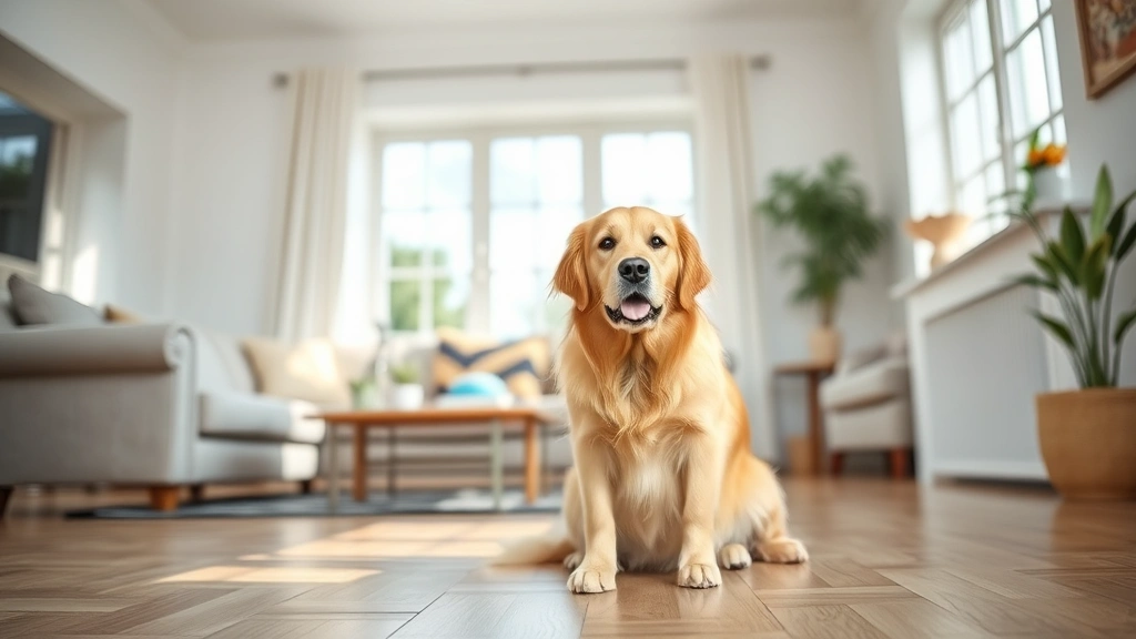 can dogs have benadryl - A friendly golden retriever sitting calmly in a bright, clean living room with n